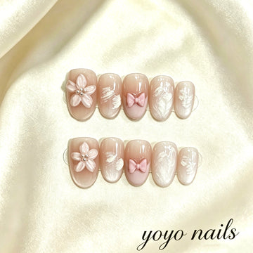 N012 Faux ongles fleurs roses et nœuds papillon