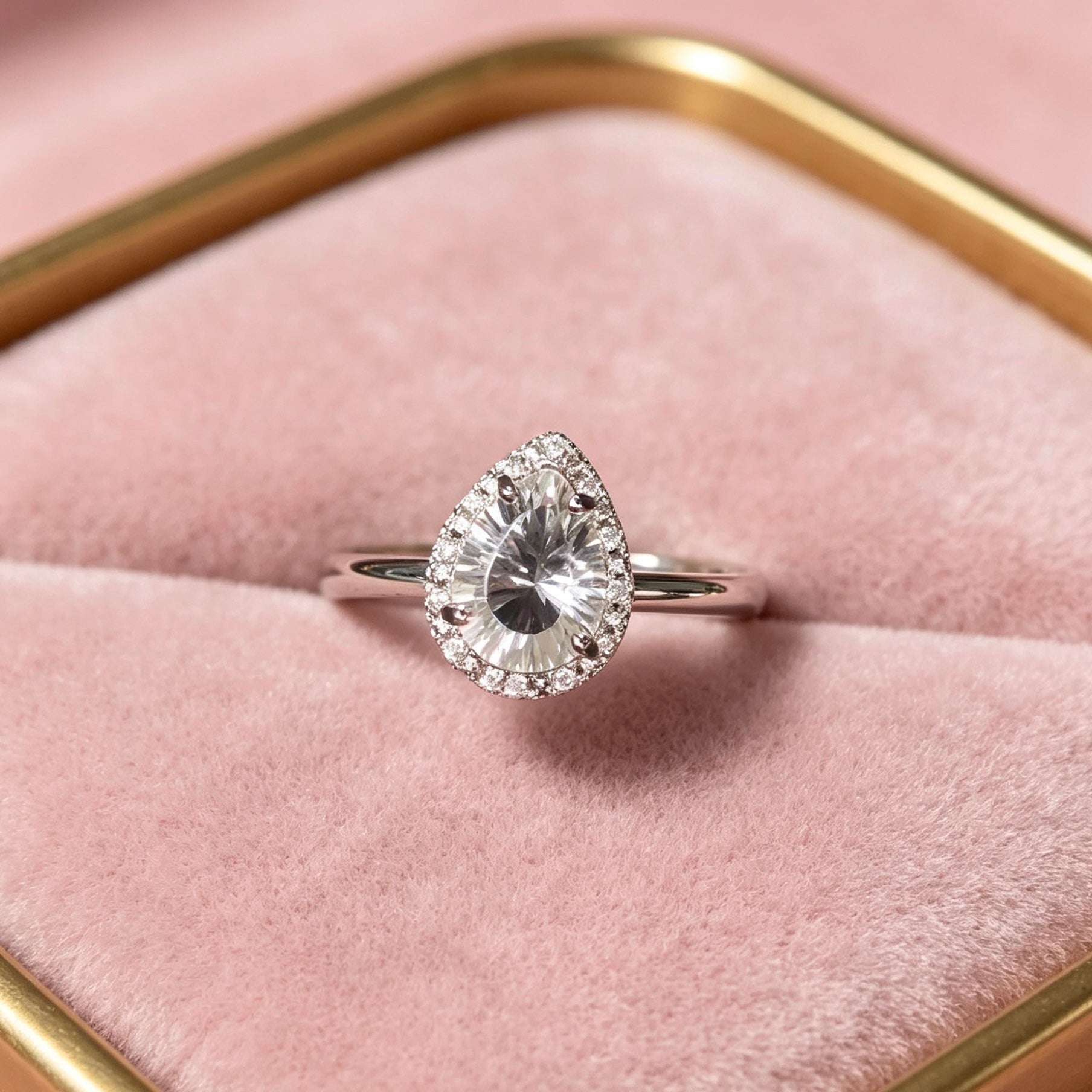 Bague Cristal de Roche Blanc – Goutte – Laiton blanc plaqué argent – Style Lady Diana